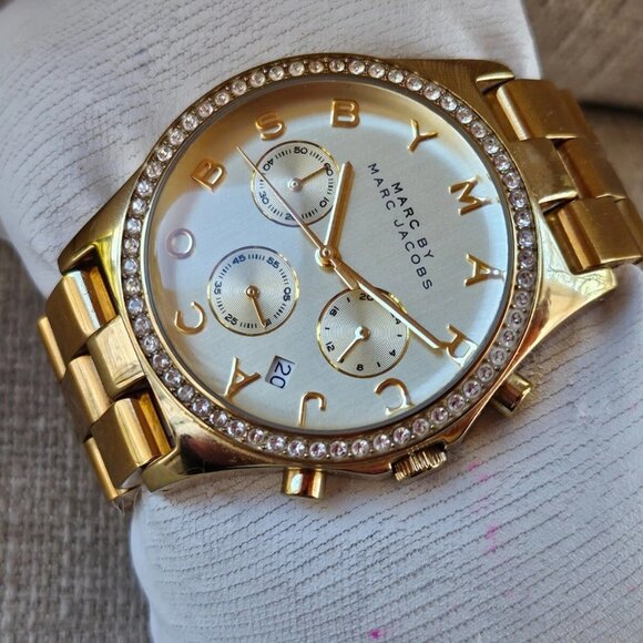 Marc Jacobs Accessories - Marc Jacobs Chronograph Gold Dial Gold Steel Strap Watch for Women - MBM3105